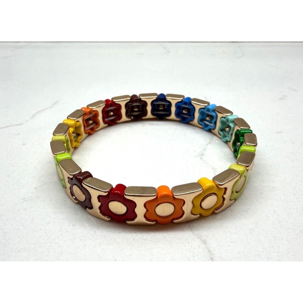 Multicolor Enamel Daisy Flower Gold Tone Stretch Bracelet Retro Floral Kidcore - Picture 2 of 8